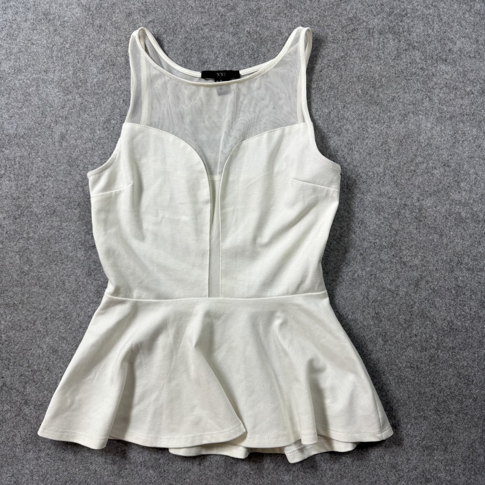 XXI Women Peplum Mesh Yoke Sleeveless Top Medium White Stretch Flare BC00913